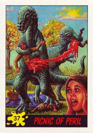 Illustration for article titled These terrifying Dinosaurs Attack! trading cards from the 1980s traumatized an entire generation